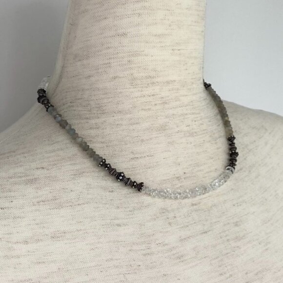 Sterling Silver 925 Labradorite & Quartz Beaded Necklace 17" Hook Closure 21g - Picture 1 of 16